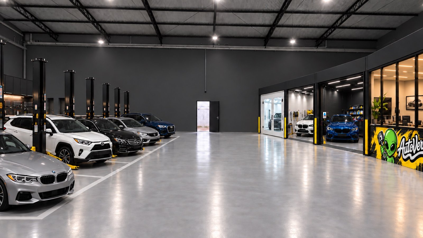 Conceito do galpão Autoverse, com carros, oficina e estúdio